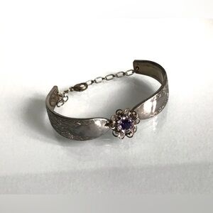 Vintage Silverware Spoon Bracelet 7” Faux Amethyst Purple Glass Rhinestones 925